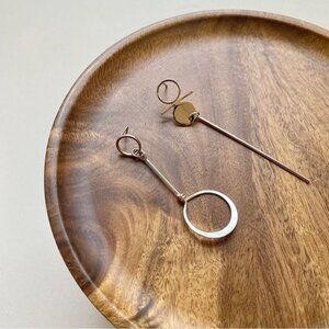 4/$15 Contemporary Forms Lines Rhodium Silver Circle Disks Linear Drop Earrings